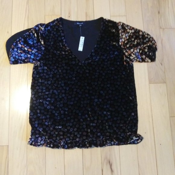 NWT Madewell Velvet Tulip Sleeve Ruffle Top XS - Picture 1 of 10